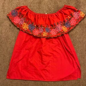 (Authentic Mexican) embroidered floral off the shoulder red blouse